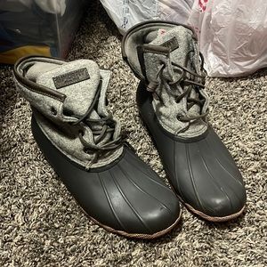 Grey and Pink Sperry Boots